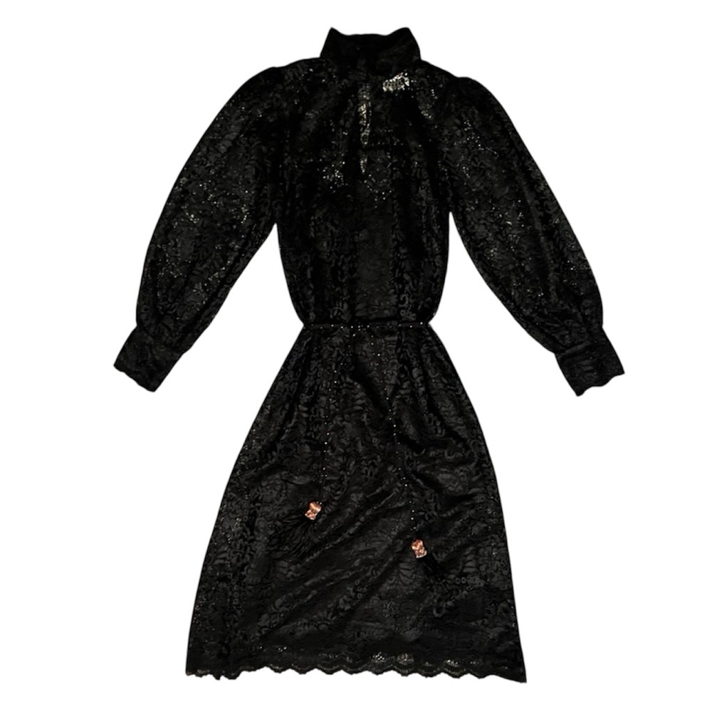 FARM Rio Black Lace Turtleneck Long Sleeve Beaded Feathered Dress Size S